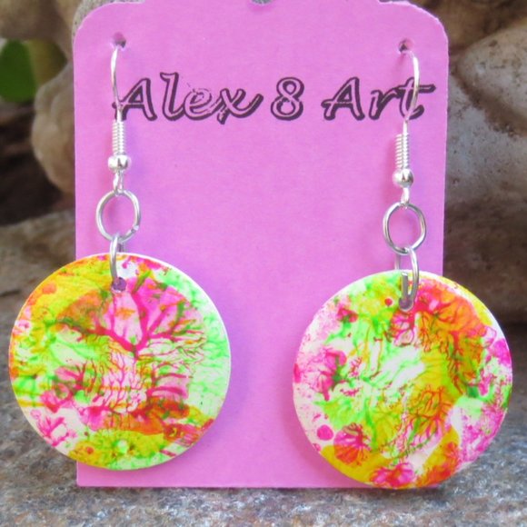 Artisan Jewelry - Handcrafted Pierced Earrings Pink Yellow Green Tie Dye Effect Hand Painted Wood